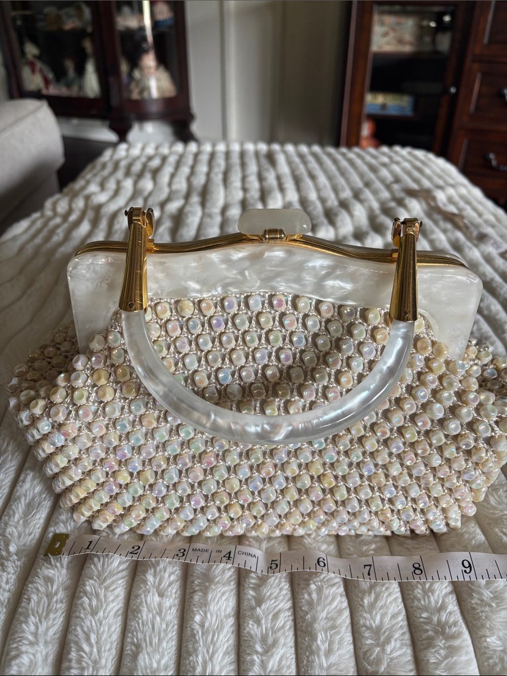 Pearlescent Beaded Clutch with Acrylic Handle